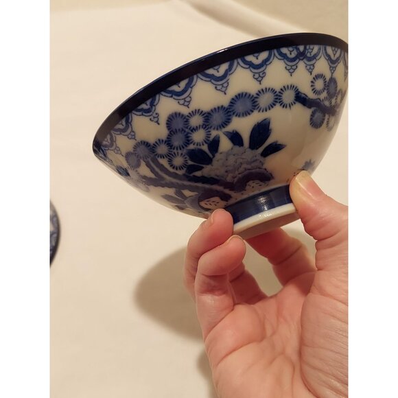 Japanese Rice Bowls Bonsai Boys Cobalt Blue On Bright White 4.75" x 2" Set Of 2 - Picture 6 of 6